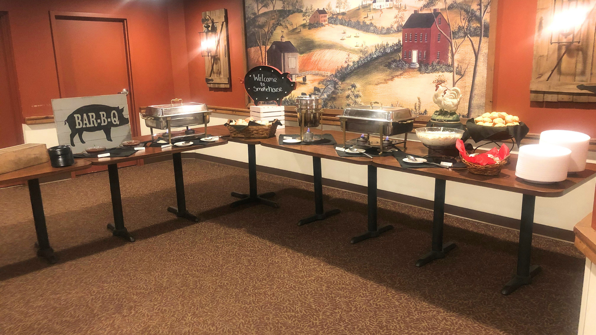 Buffet set up at Smokehouse BBQ & Brews in the private dining area.