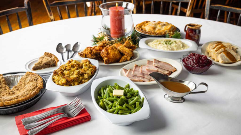 Plain and Fancy Farm banquet with Family Style platters in Lancaster County PA for the holidays.